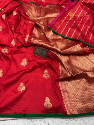 Red Pure Mango Katan Silk Handloom Bnarasi Saree - All Over Floral Motifs