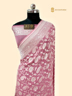 Pink Pure Khaddi Georgette Silk Handloom Banarasi Saree - All Over Jaal