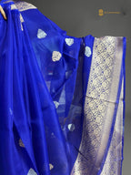 Regal Blue Pure Kora Silk Handloom Banrasi Saree - All Over Kadhua Motifs