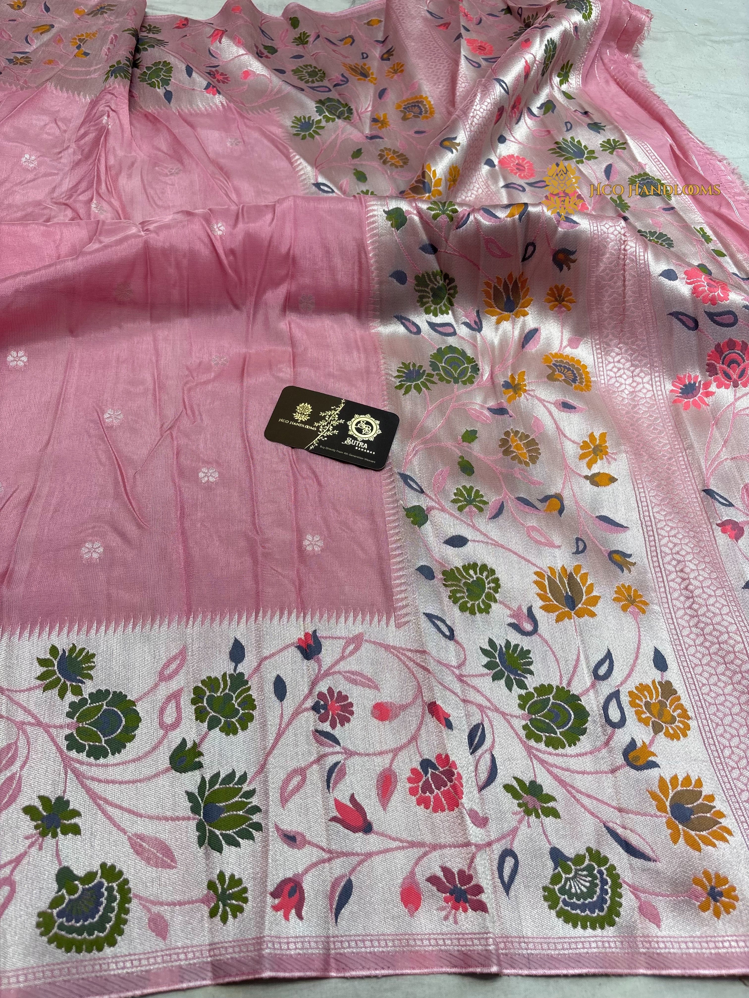 Pastel Pink Matka Tussar Silk Banarasi Saree - All Over Motifs & Paithani