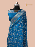 Regal Blue Premium Mashru Katan Silk Banarasi Saree With Floral Jangla