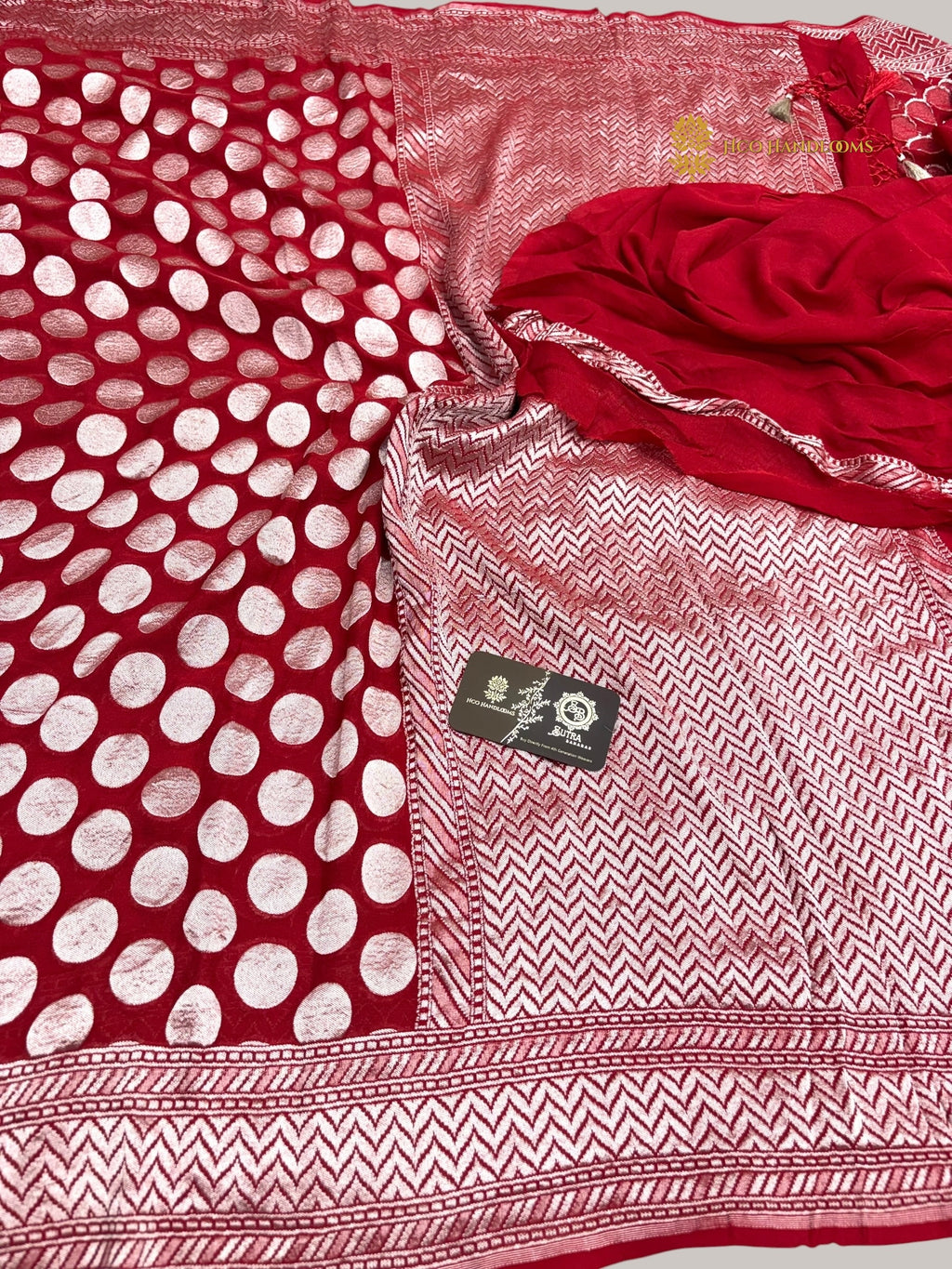 Red Pure Khaddi Georgette Silk handloom Banarasi Saree - Water Zari