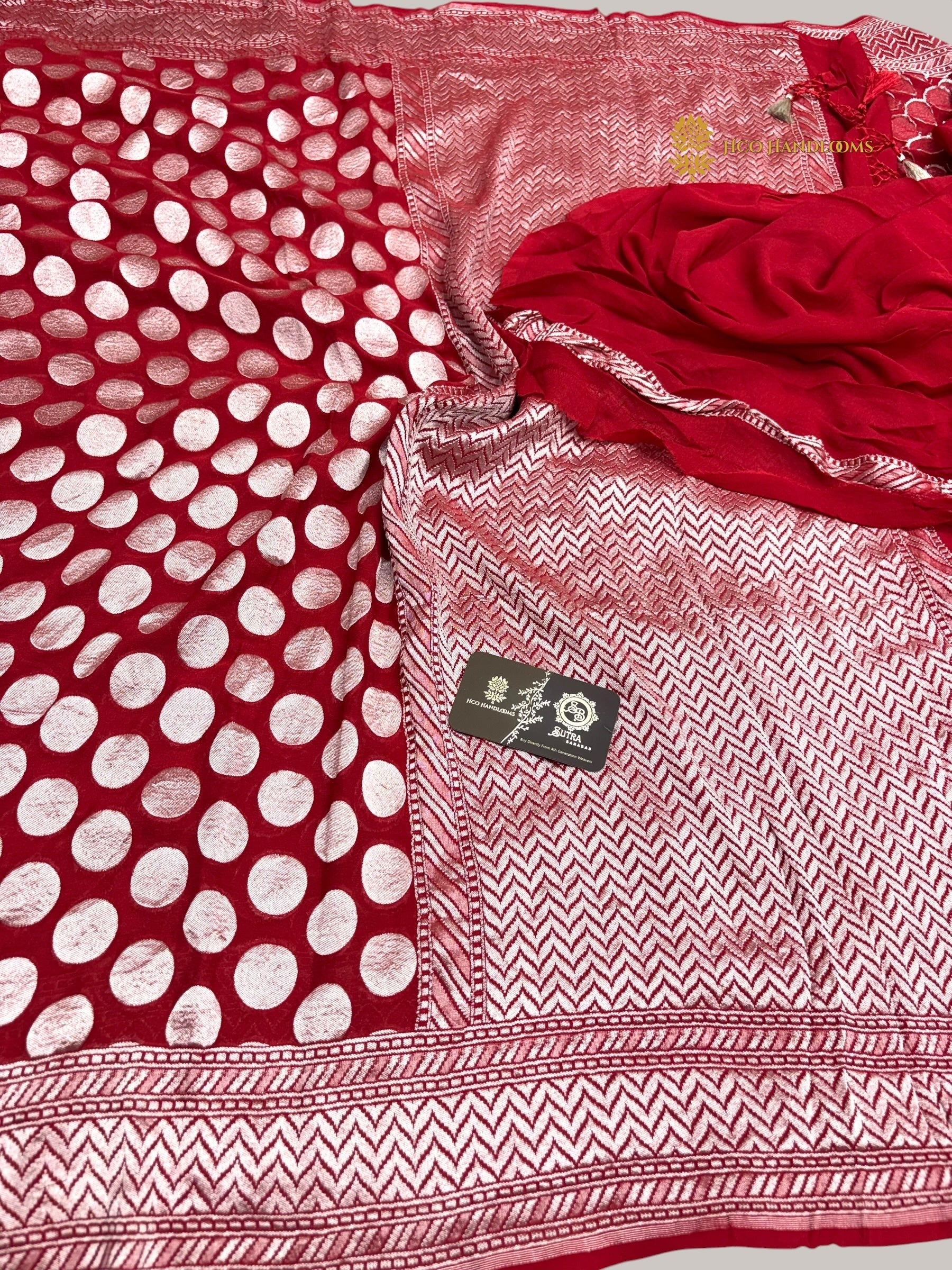 Red Pure Khaddi Georgette Silk handloom Banarasi Saree - Water Zari