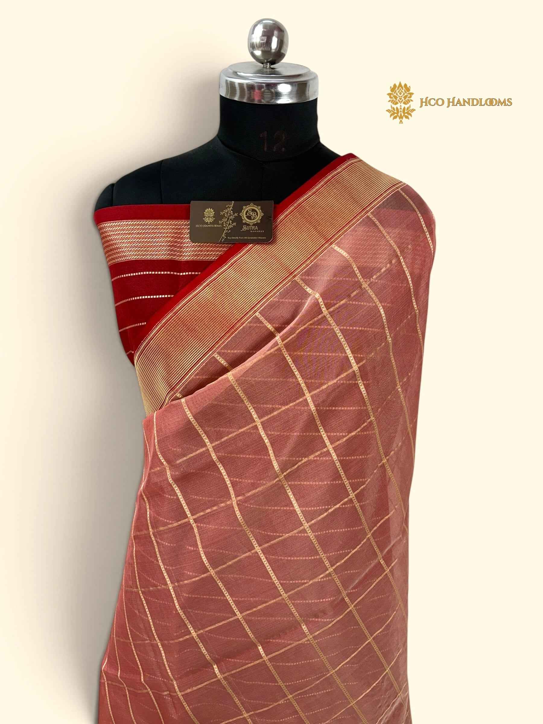 Pure Kora Silk Handloom Banarasi Saree - All Over Square With Meenakari Skirt Border