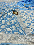 Blue Pure Khaddi Georgette Silk Handloom Banarasi Saree - All Over Jaal