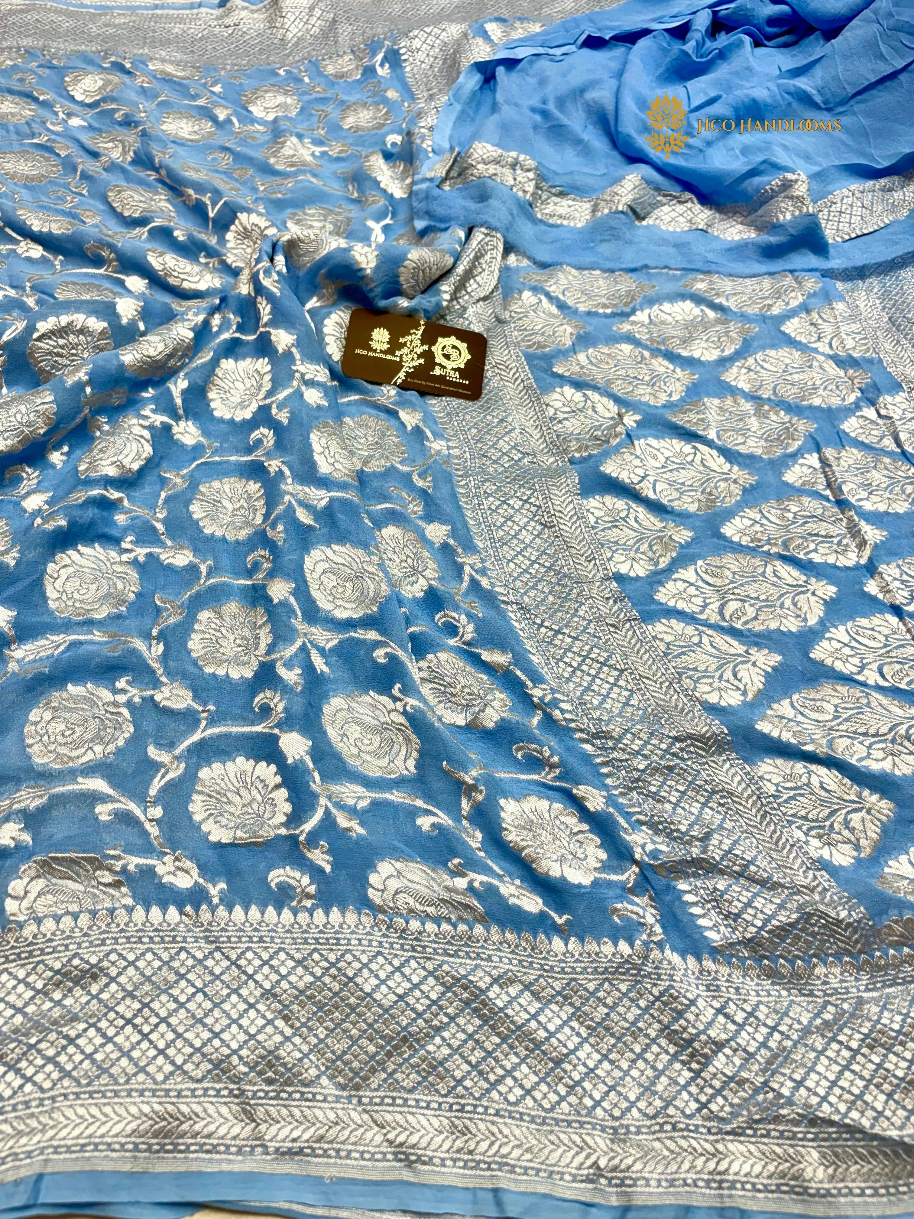 Blue Pure Khaddi Georgette Silk Handloom Banarasi Saree - All Over Jaal