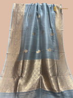 Dull Blue Pure Kora Silk Handloom Banarasi Saree - All Over Kadua Motifs
