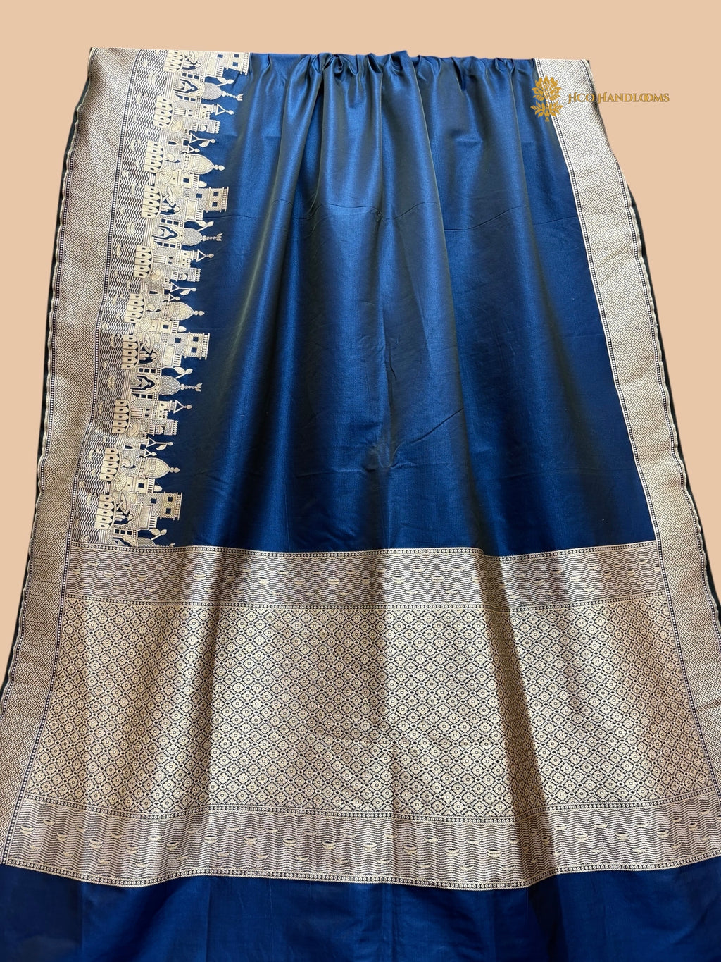 Regal German Blue Premium Mashru Katan Silk Banarasi Saree - Ganga Ghat Design