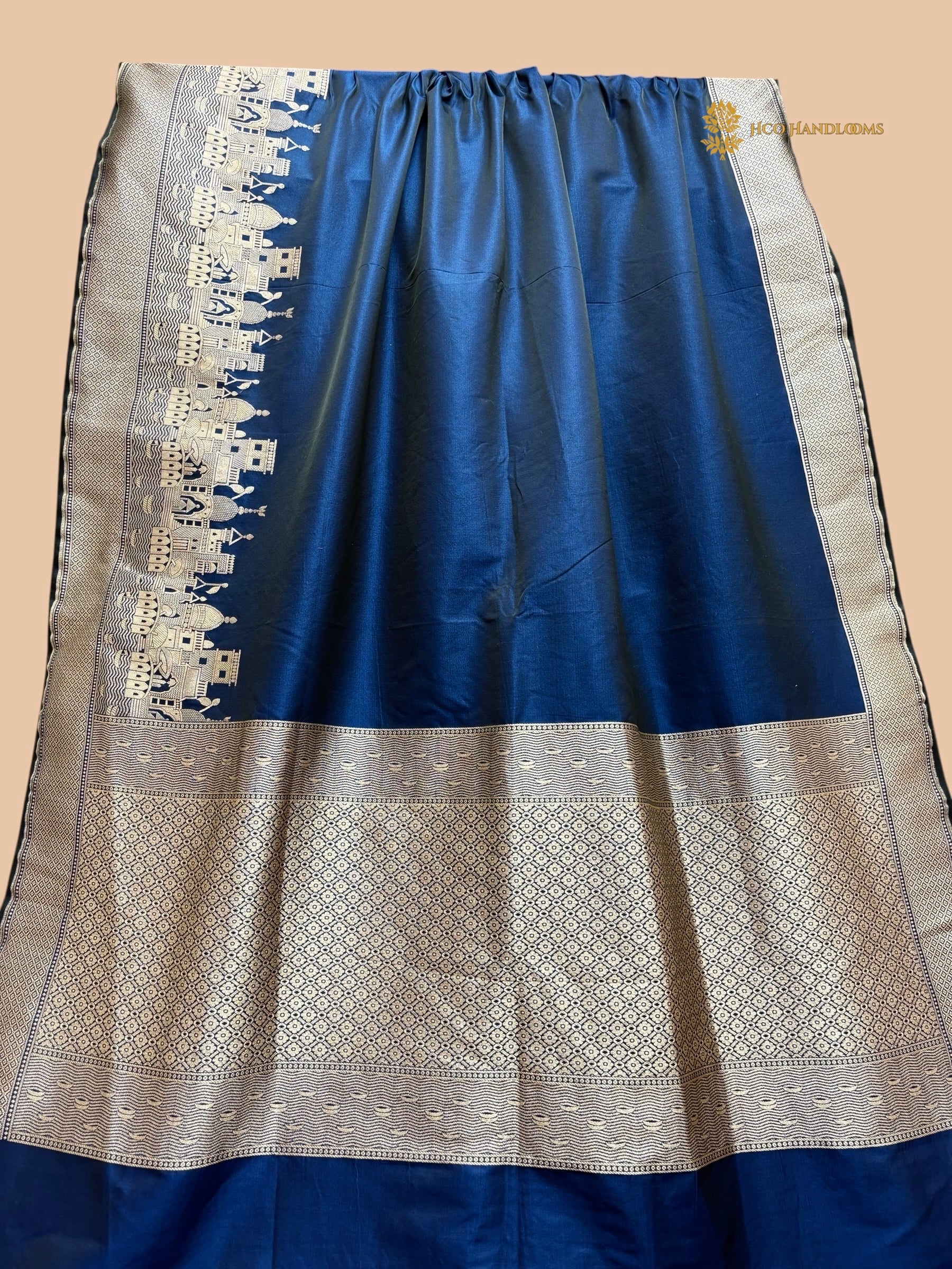 Regal German Blue Premium Mashru Katan Silk Banarasi Saree - Ganga Ghat Design