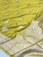 Mustard Green Premium Mashru Katan Silk Banarasi Saree - All Over Motifs