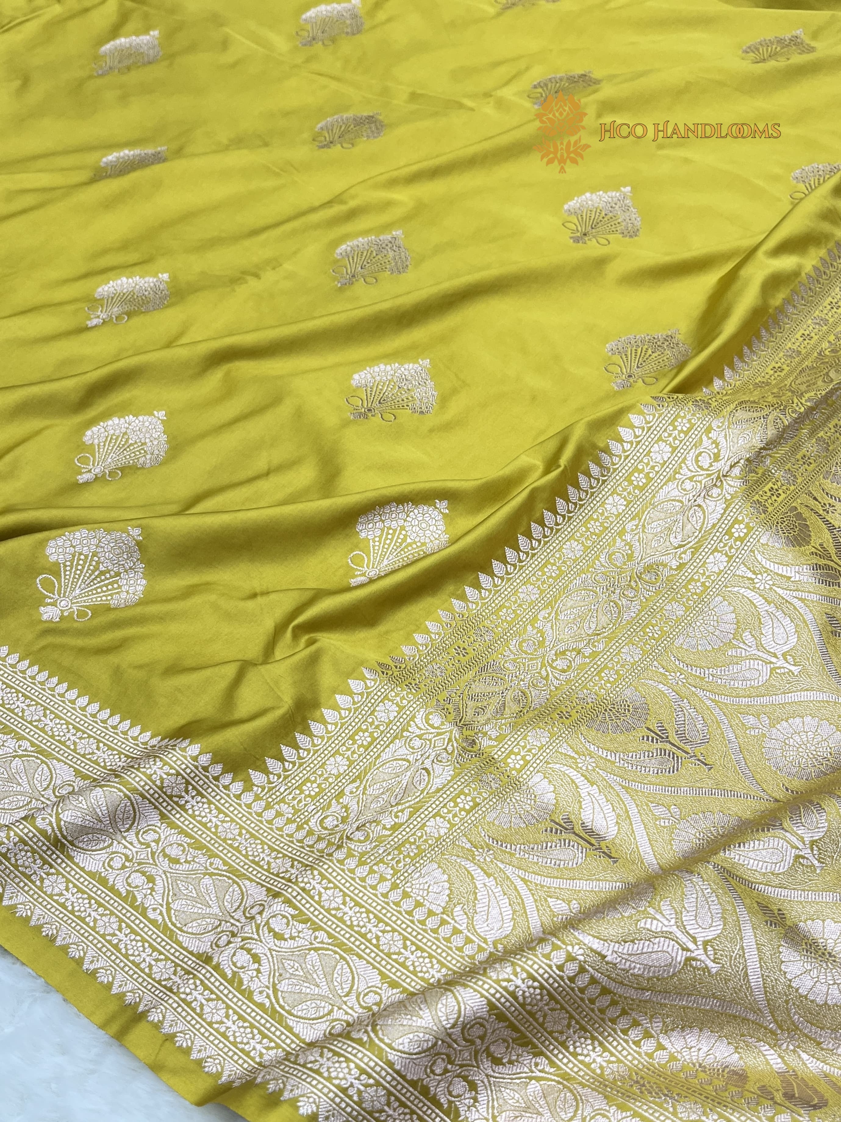Mustard Green Premium Mashru Katan Silk Banarasi Saree - All Over Motifs