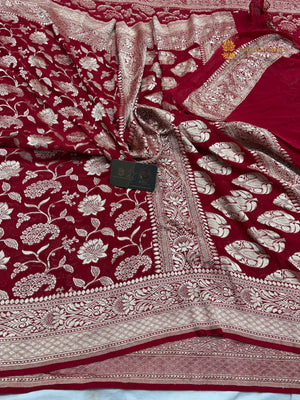 Red Pure Khaddi Georgette Silk Handloom Banarasi Saree