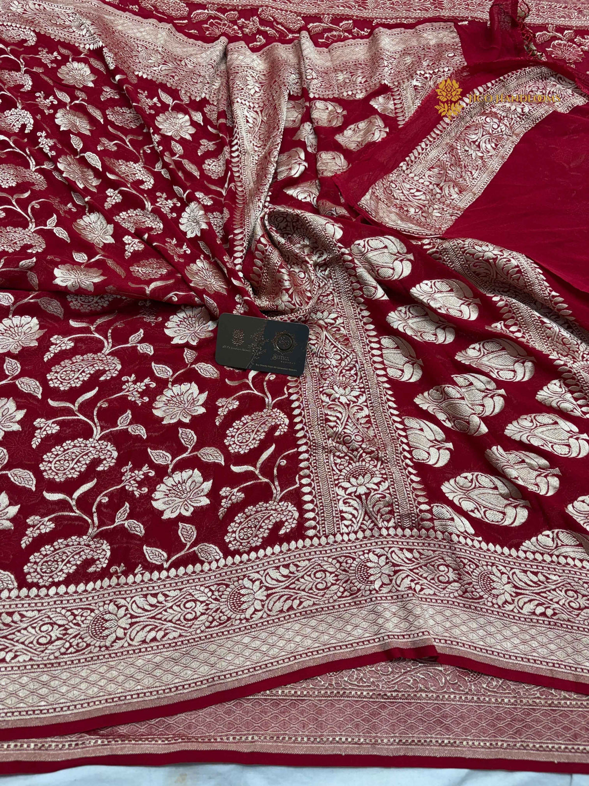 Red Pure Khaddi Georgette Silk Handloom Banarasi Saree