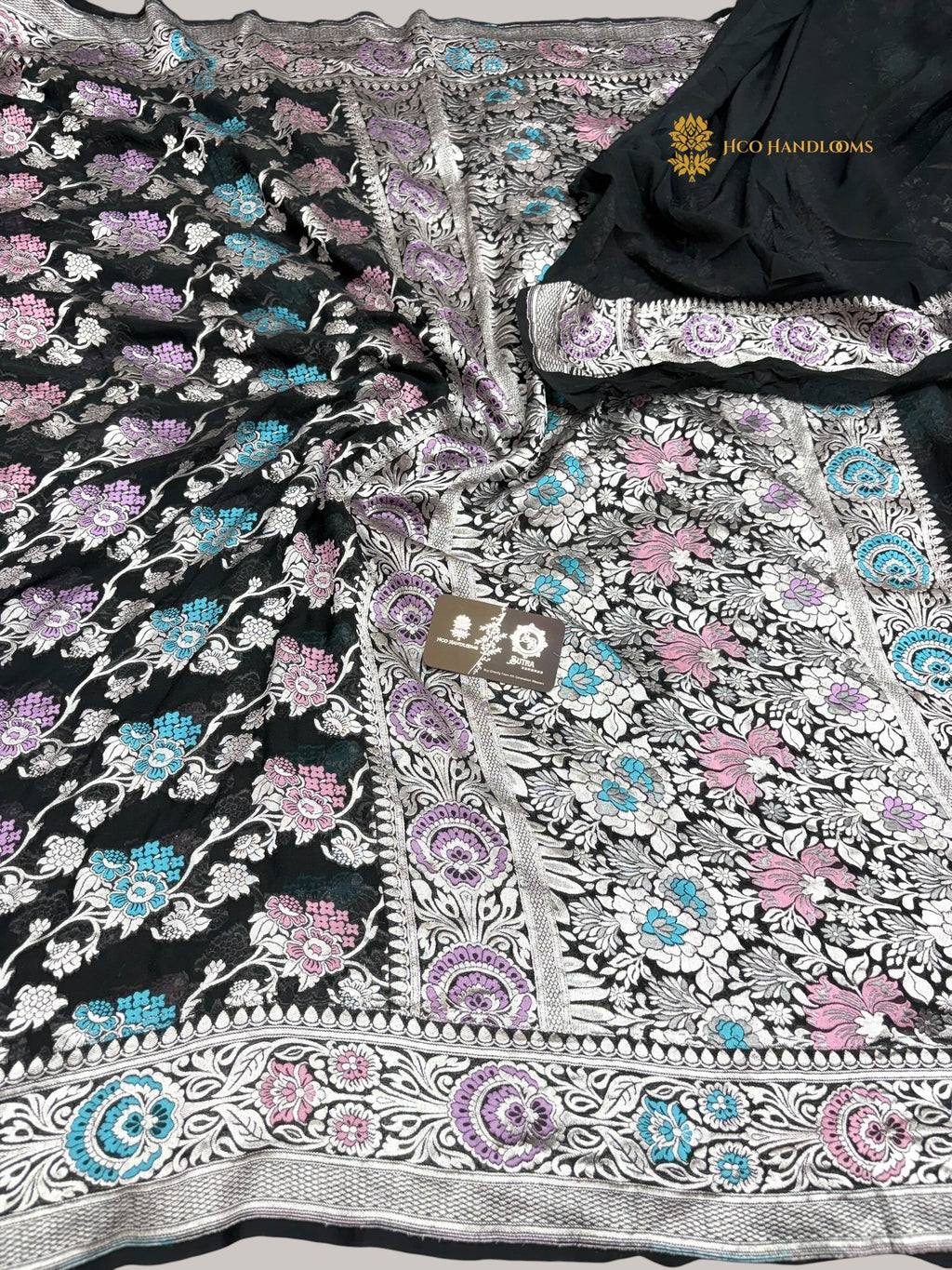 Black Pure Khaddi Georgette Silk Meenakari Handloom Banarasi Saree - Water Zari