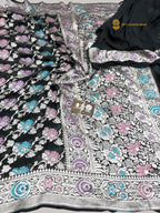 Black Pure Khaddi Georgette Silk Meenakari Handloom Banarasi Saree - Water Zari