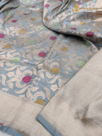 Light Blue Pure Katan Silk Handloom Banarasi Saree - All Over Meenakari Brocade Jangla