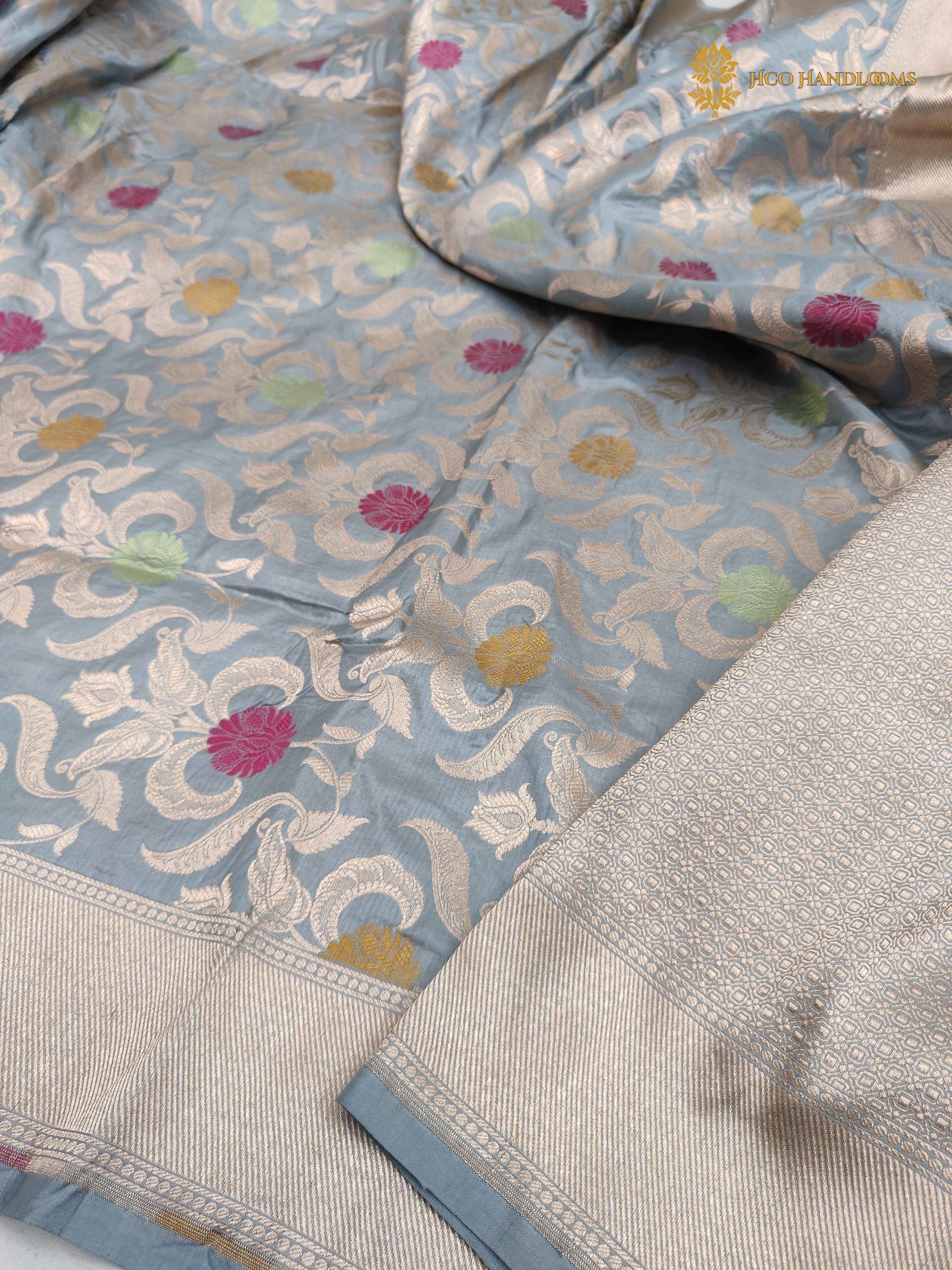 Light Blue Pure Katan Silk Handloom Banarasi Saree - All Over Meenakari Brocade Jangla