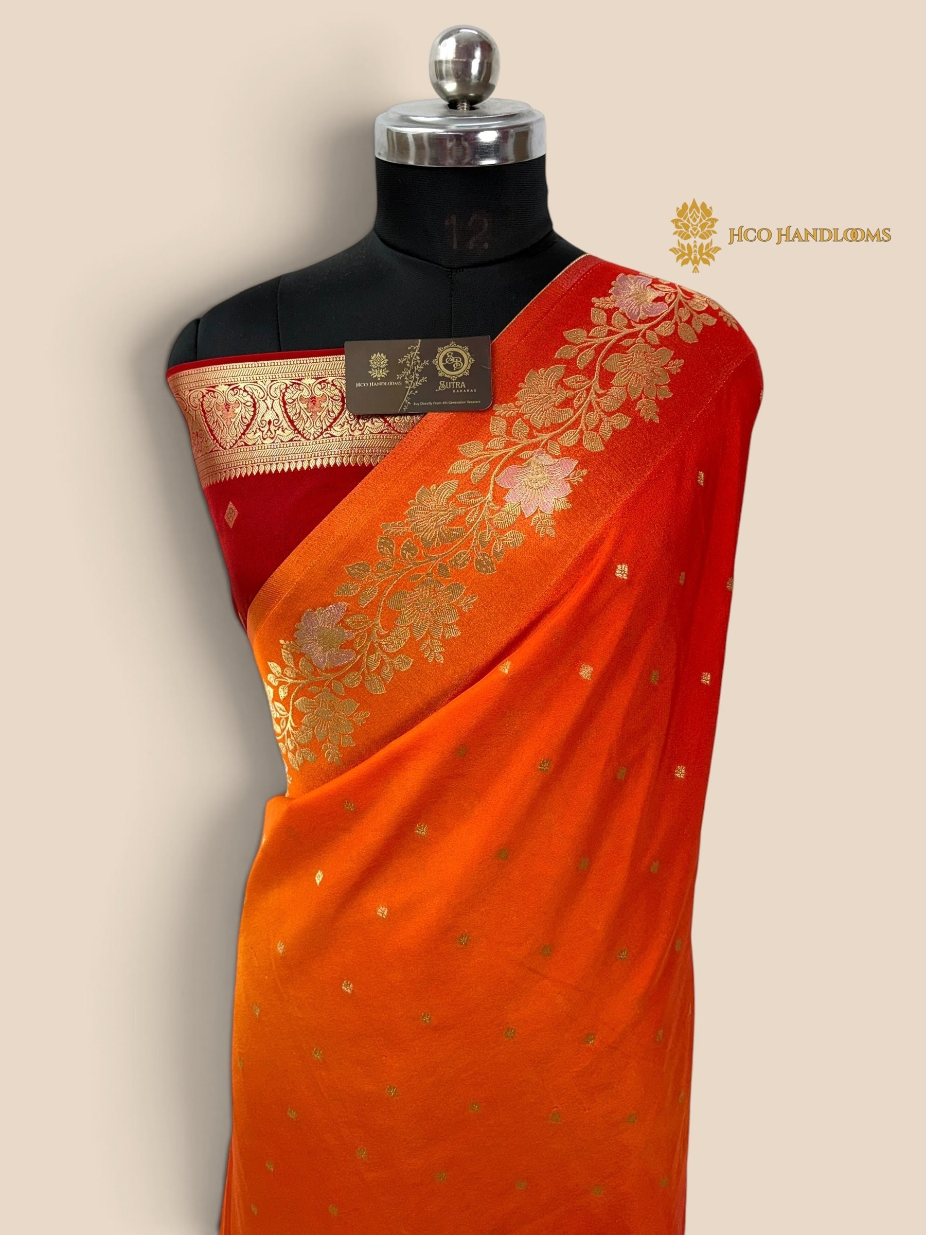 Orange To Red Gradient Premium Soft Silk Banarasi Saree - All Over Motifs