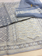 Pastel Blue Premium Cotton Jamdani Banarasi Saree - All Over Jaal
