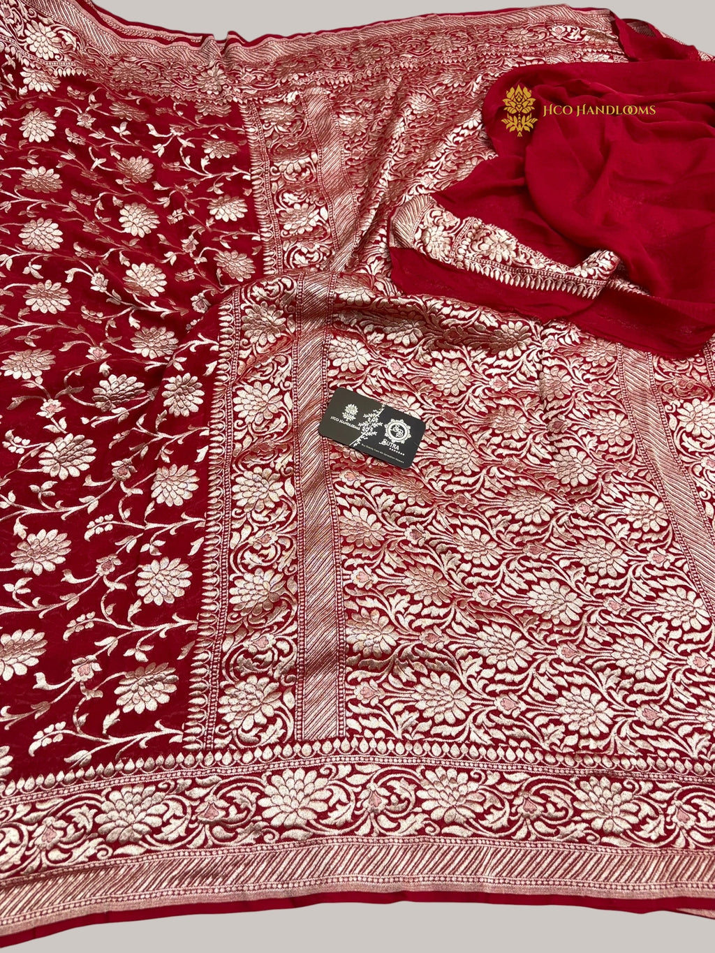 Red Pure Khaddi Georgette Silk Handloom Banarasi Saree - Water Zari