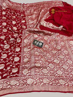 Red Pure Khaddi Georgette Silk Handloom Banarasi Saree - Water Zari