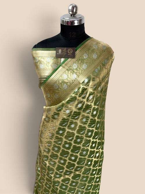 Green Pure Tissue Silk Handloom Banarasi Saree - Jaal Motifs