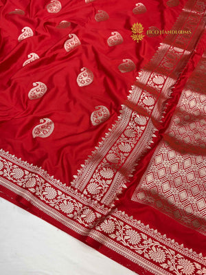 Red Premium Mashru Katan Silk Banarasi Saree - All Over Paisley Motifs