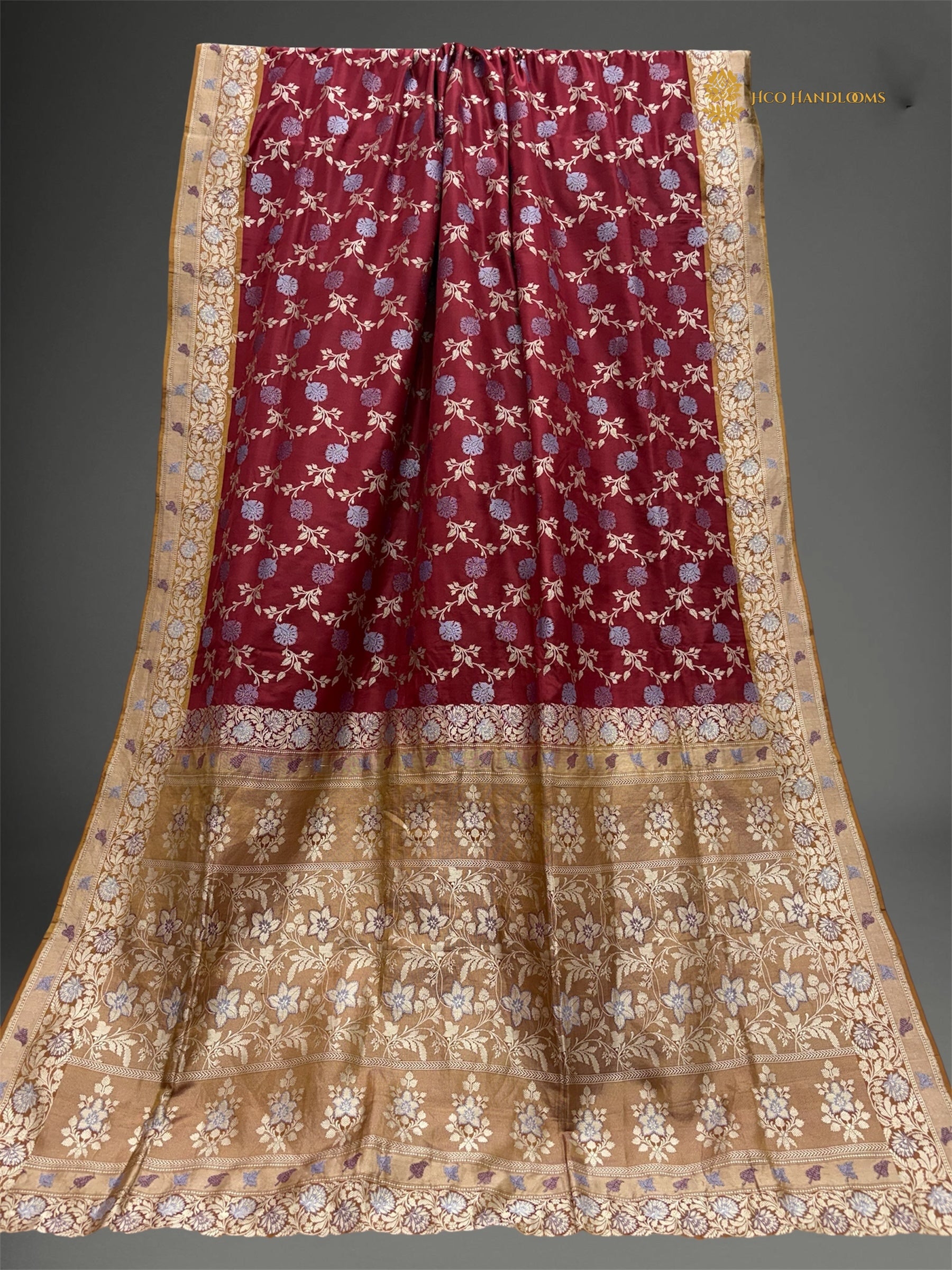 Regal Maroon Pure Katan Silk Handloom Banarasi saree - All Over Kadhiyal Jangla