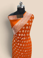 Orange Pure Khaddi Georgette Silk handloom Banarasi Saree - Silver Zari