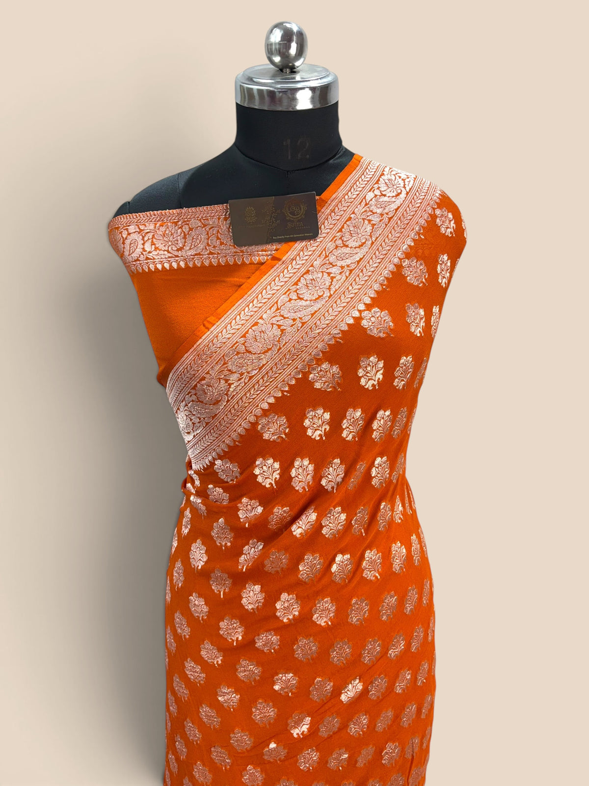 Orange Pure Khaddi Georgette Silk handloom Banarasi Saree - Silver Zari