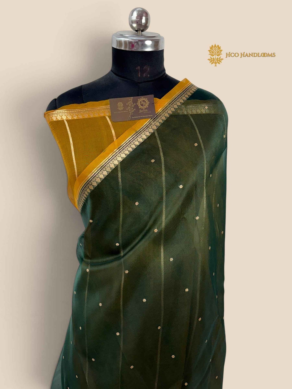Bottle Green Pure Kora Silk Handloom Banarasi Saree - All Over Small Buti