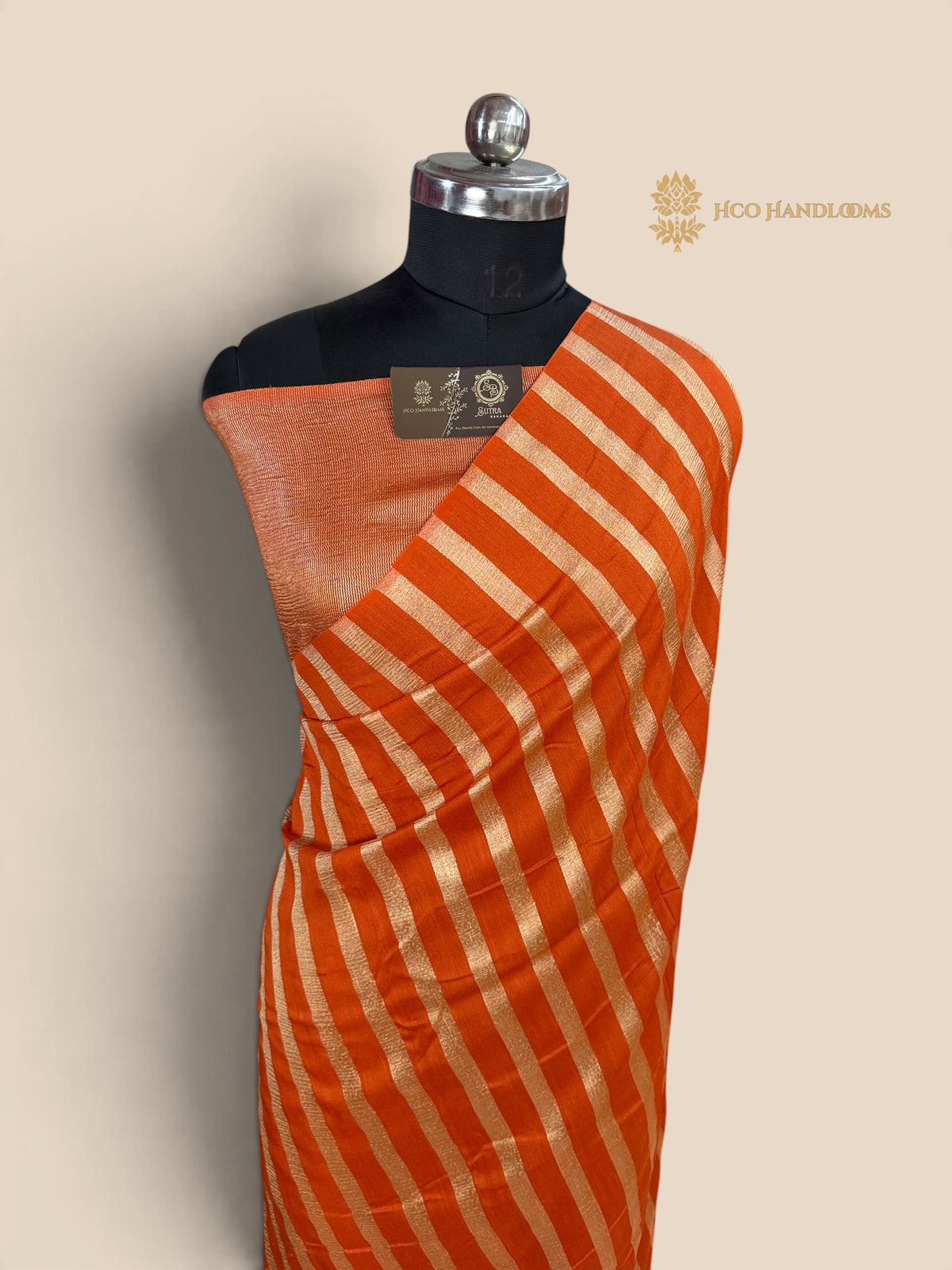 Orange Pure Moonga Silk Handloom Banarasi Saree - All Over Stripes