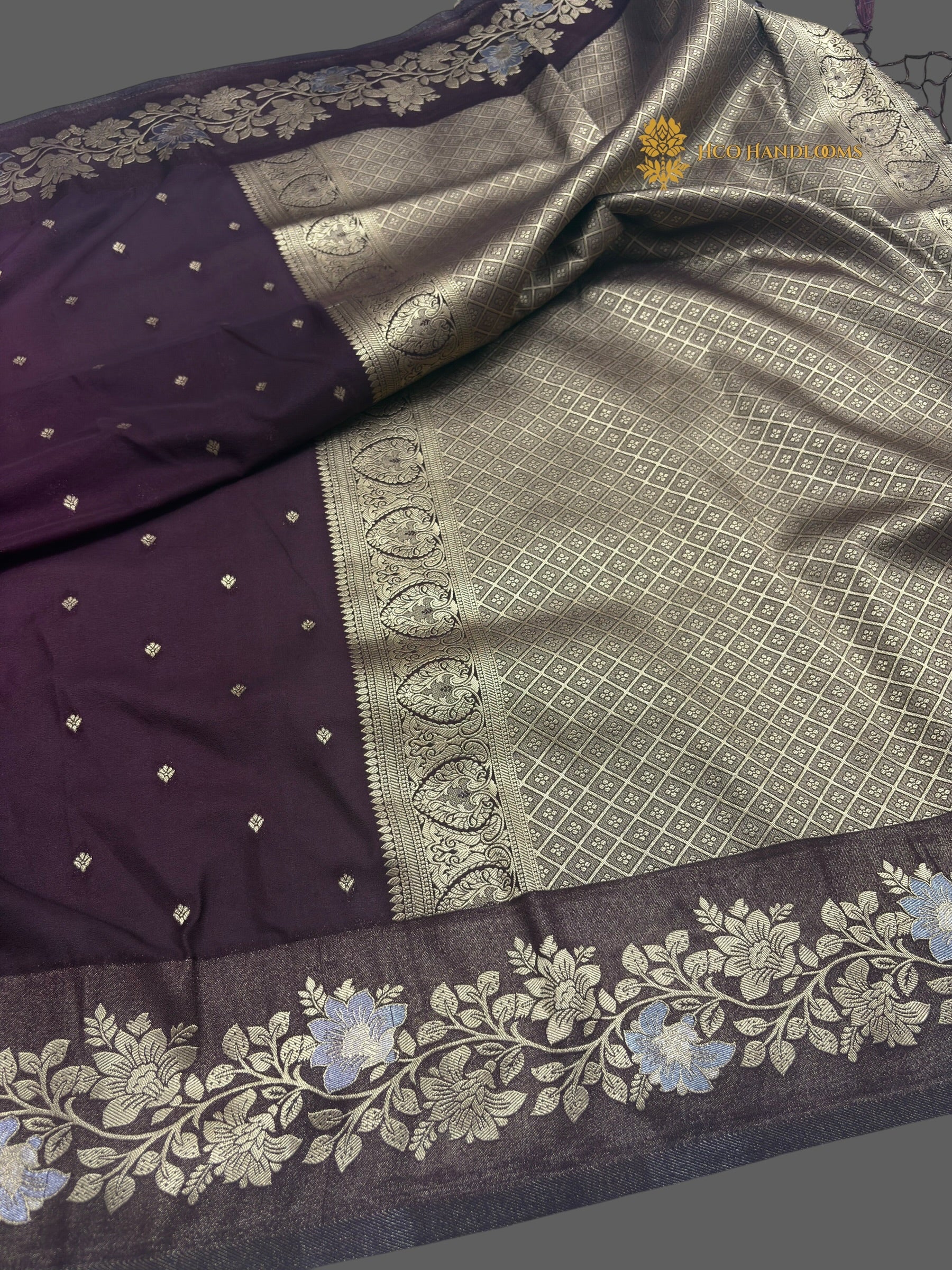 Dual Tone Wine Premium Semi Georgette Small Motifs Banarasi Saree