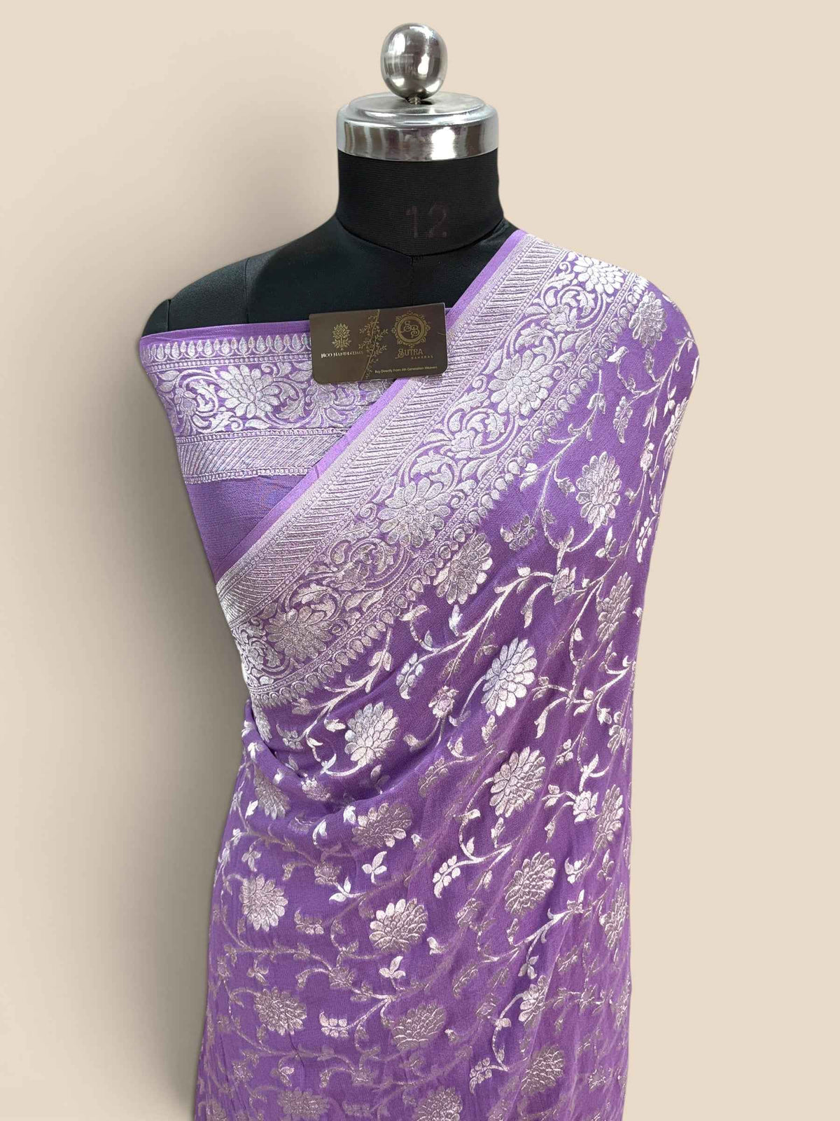 Lavender Pure Khaddi Georgette Silk handloom Banarasi Saree - Water Zari
