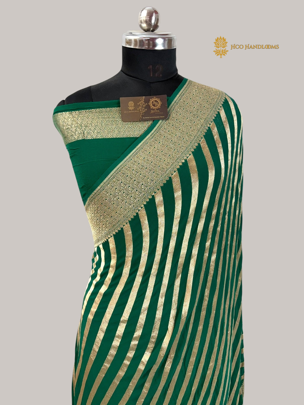 Green Pure Khaddi Georgette Silk handloom Banarasi Saree - Water Zari