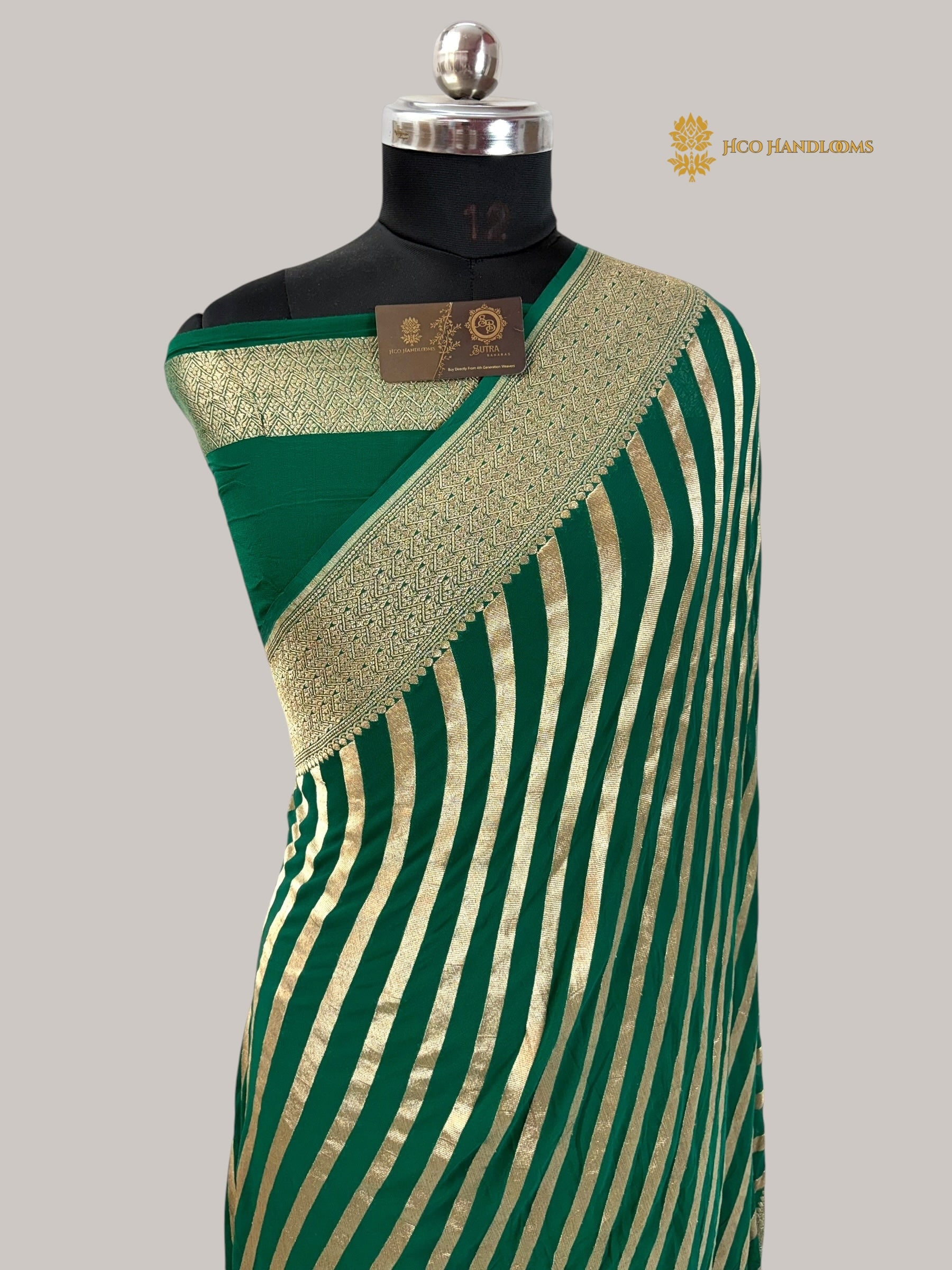 Green Pure Khaddi Georgette Silk handloom Banarasi Saree - Water Zari