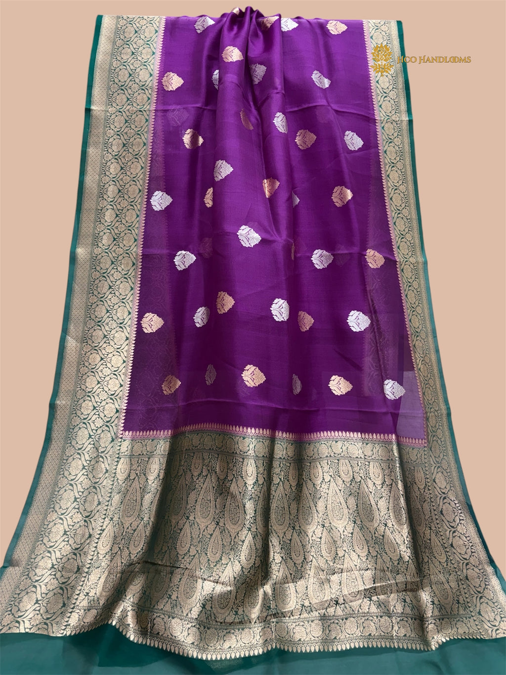 Green & Magenta Contrast Pure Kora Silk Handloom Banarasi Saree - All Over Kadua Motifs