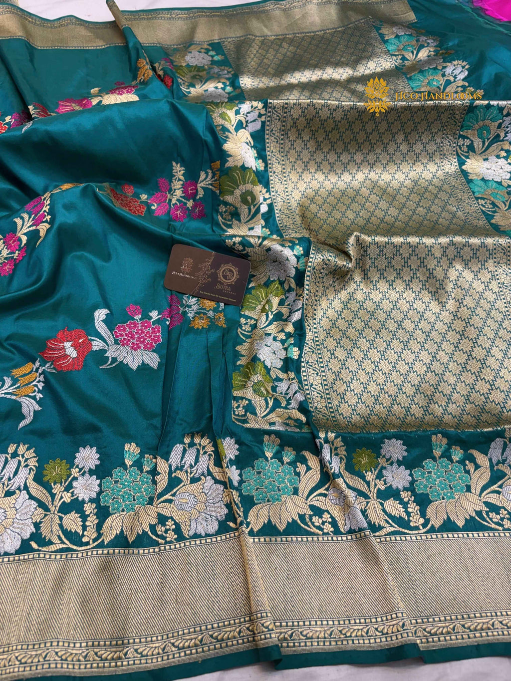 Teal Green Pure Katan Silk Handloom Banarasi Saree - All Over Meenakari Aada