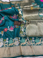 Teal Green Pure Katan Silk Handloom Banarasi Saree - All Over Meenakari Aada