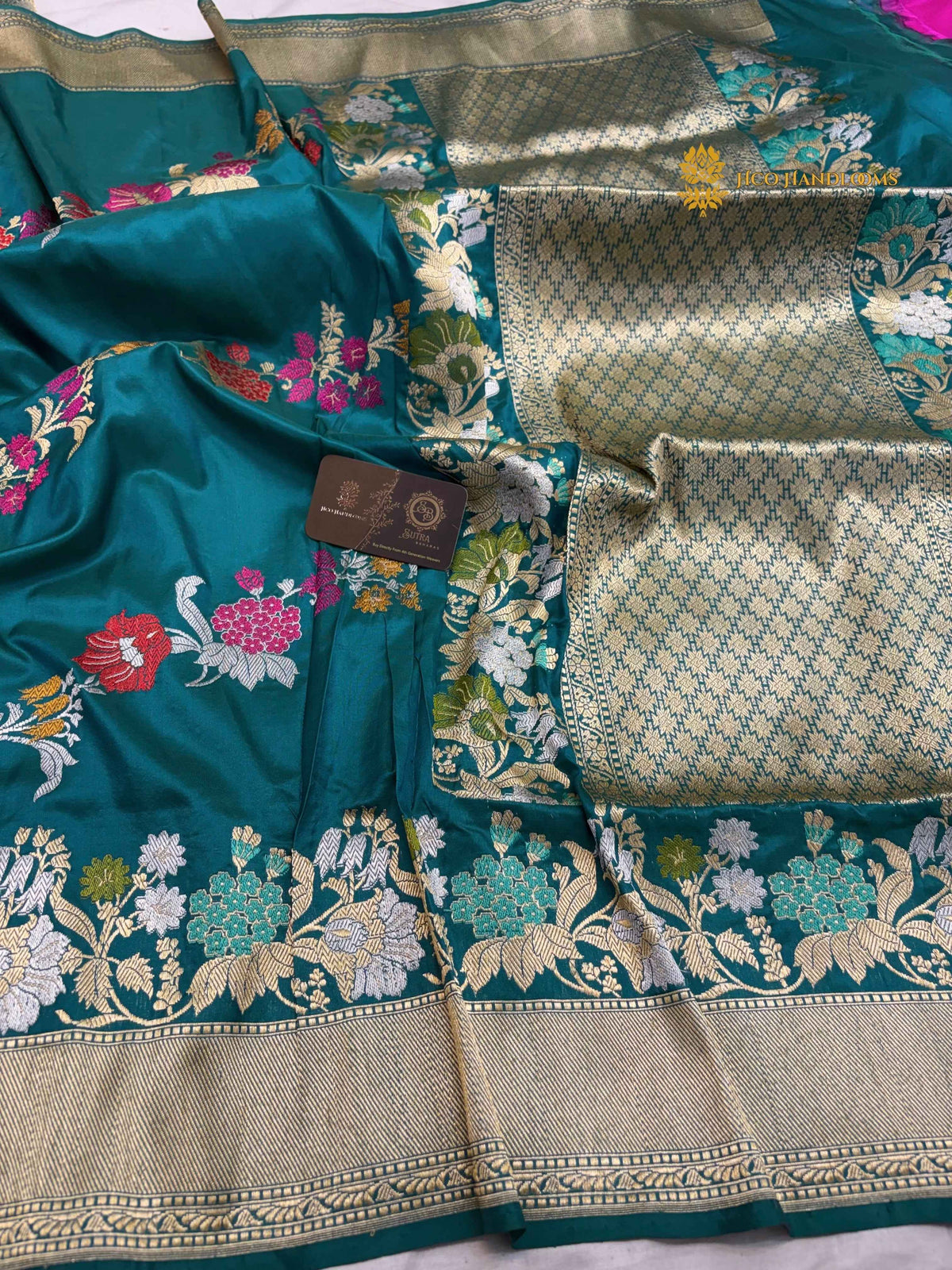Teal Green Pure Katan Silk Handloom Banarasi Saree - All Over Meenakari Aada