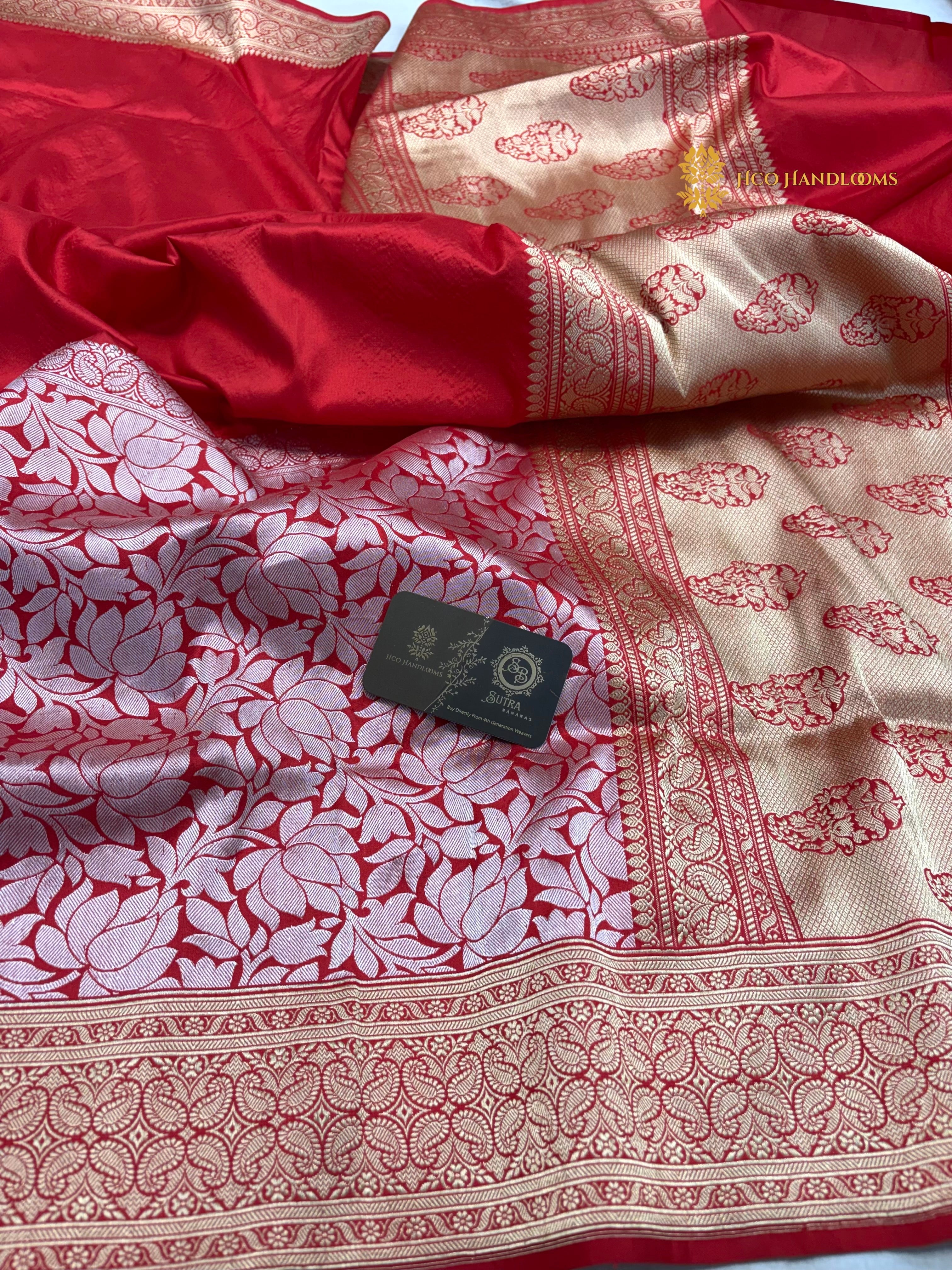 Red Pure Katan Silk Handloom Banarasi Saree - All Over Skirt Border