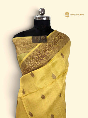 Yellow Pure Tussar Silk Handloom Banarasi Saree - All Over Motifs