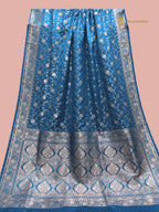 Regal Blue Premium Mashru Katan Silk Banarasi Saree With Floral Jangla