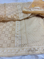 Pastel Yellow Premium Cotton Jamdani Banarasi Saree - All Over Jaal