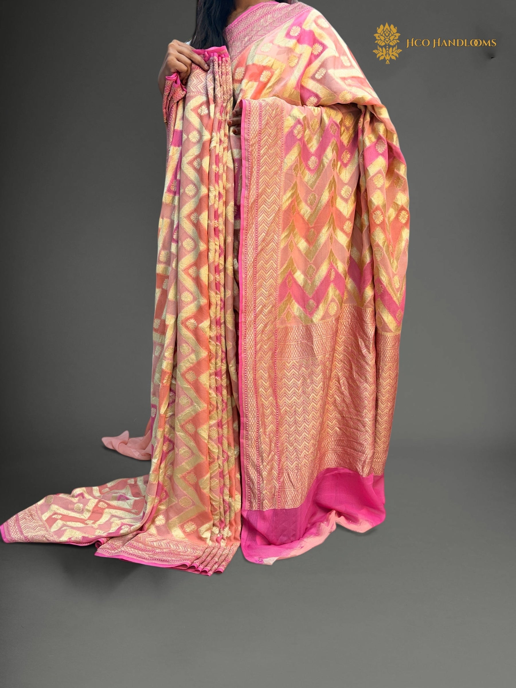 Pure Khaddi Georgette Silk Handloom Banarasi Saree - All Over Zig-Zag Rangkat