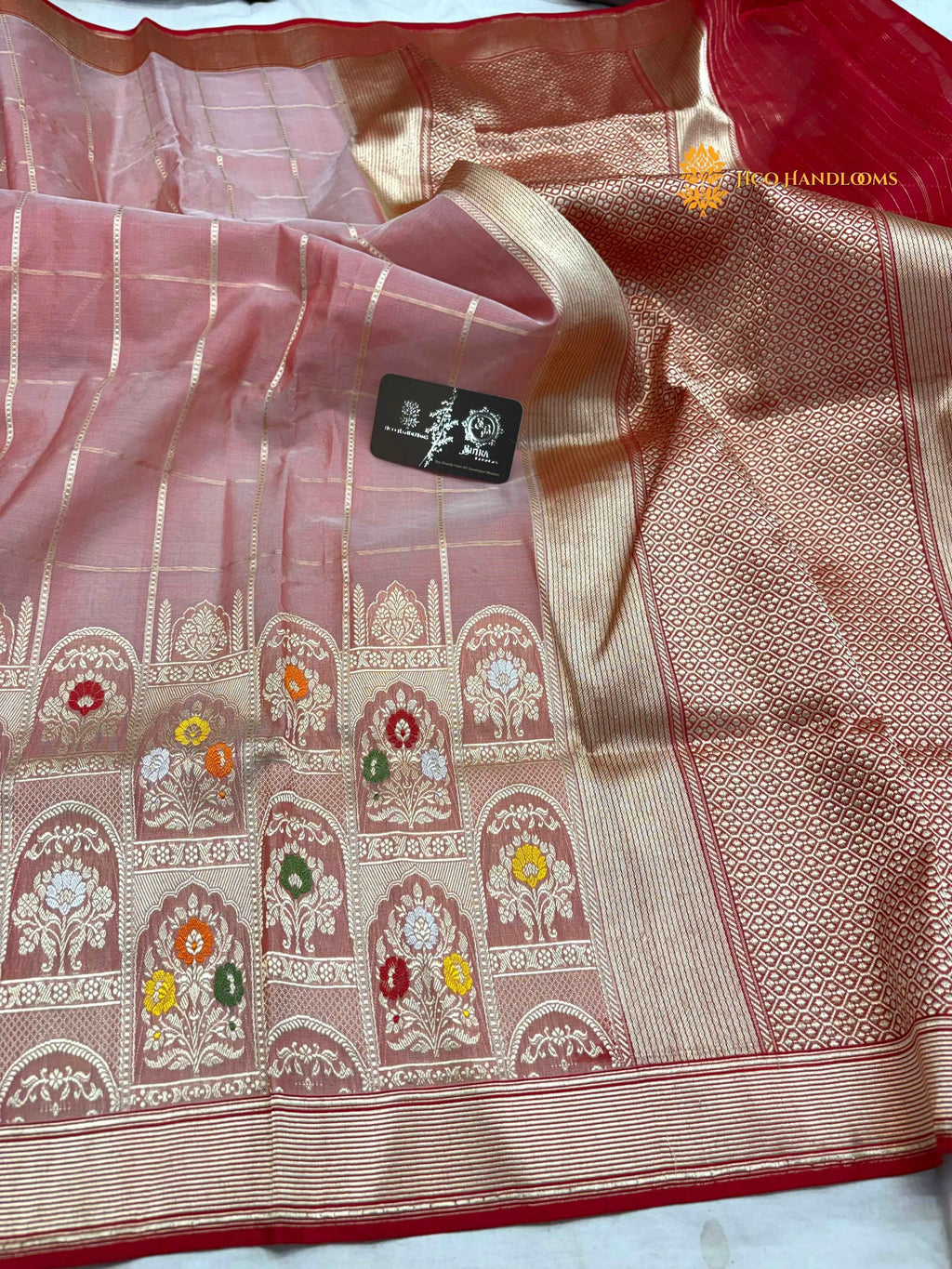 Pure Kora Silk Handloom Banarasi Saree - All Over Square With Meenakari Skirt Border
