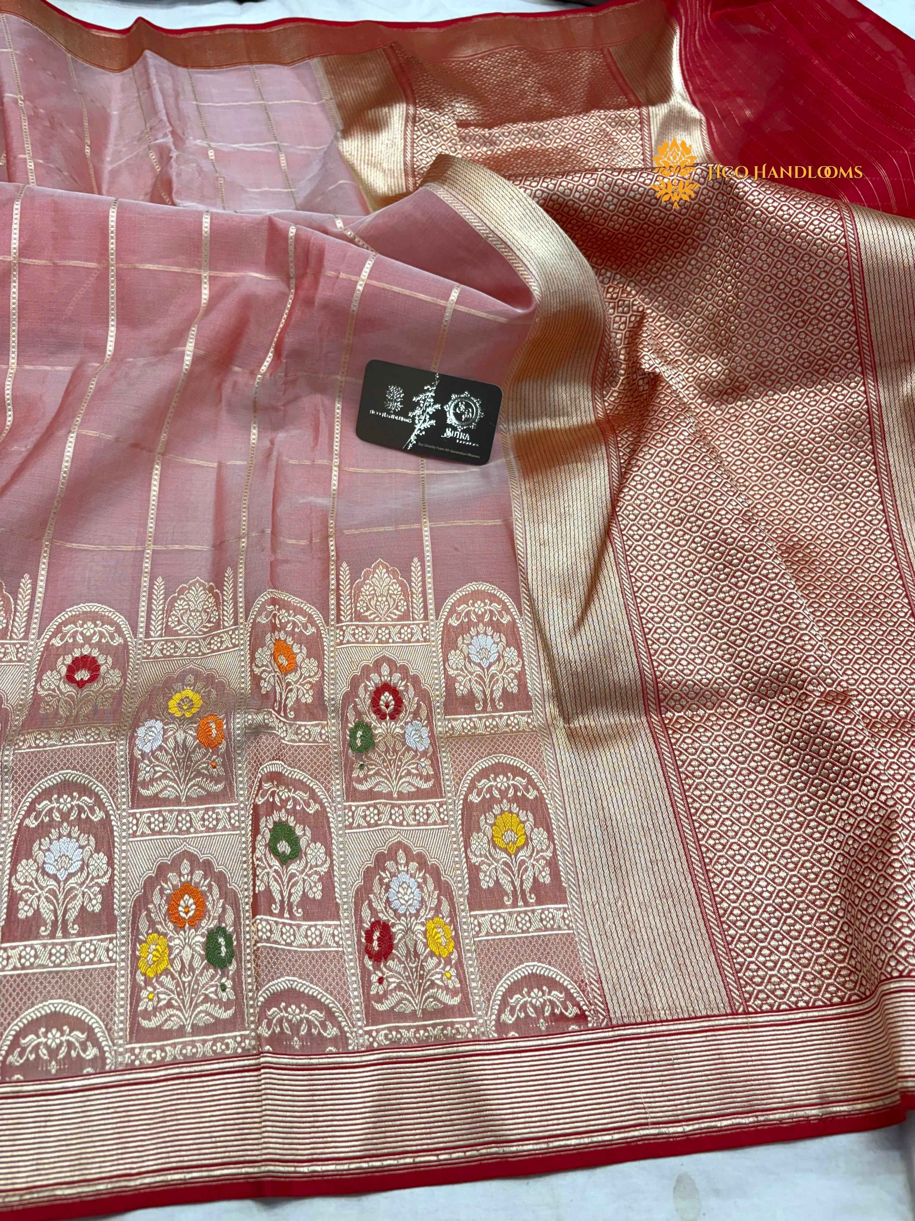 Pure Kora Silk Handloom Banarasi Saree - All Over Square With Meenakari Skirt Border