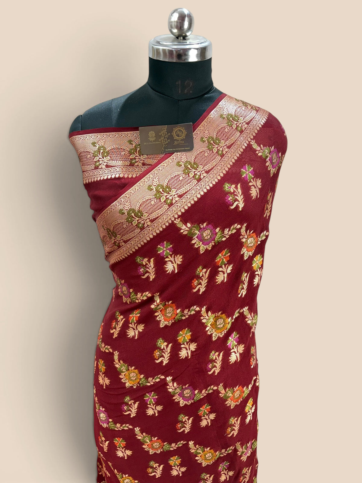 Maroon Pure Khaddi Chiffon Silk Banarasi Saree - Floral Motifs