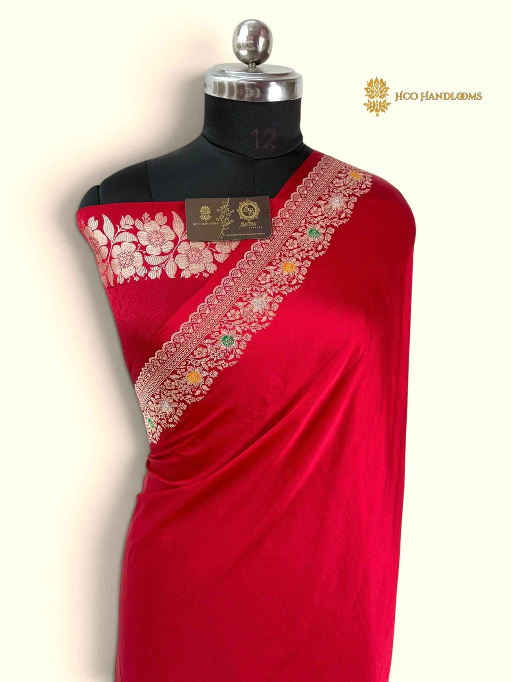 Cherry Red Premium Mashru katan Silk Banarasi Saree - All Over Meenakari Skirt