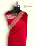 Cherry Red Premium Mashru katan Silk Banarasi Saree - All Over Meenakari Skirt